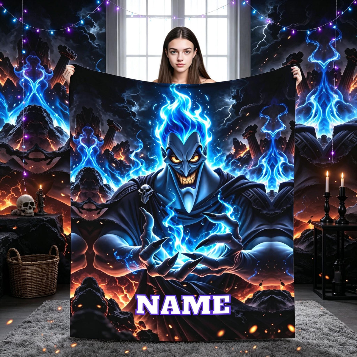 Personalized Underworld Villain Blanket, Custom Name Blue Flame Flannel Throw, Greek Mythology Gothic Blanket, Spooky Halloween Gift