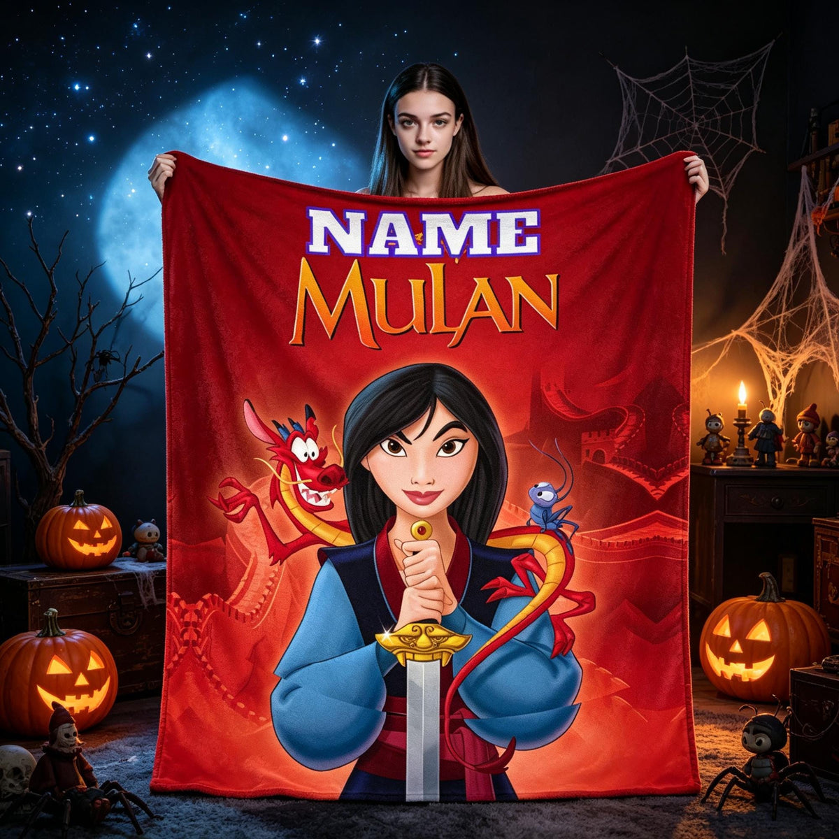 Personalized Warrior Princess Blanket, Custom Name Red Dragon Flannel Throw, Asian Fantasy Hero Blanket, Kids Adventure Gift