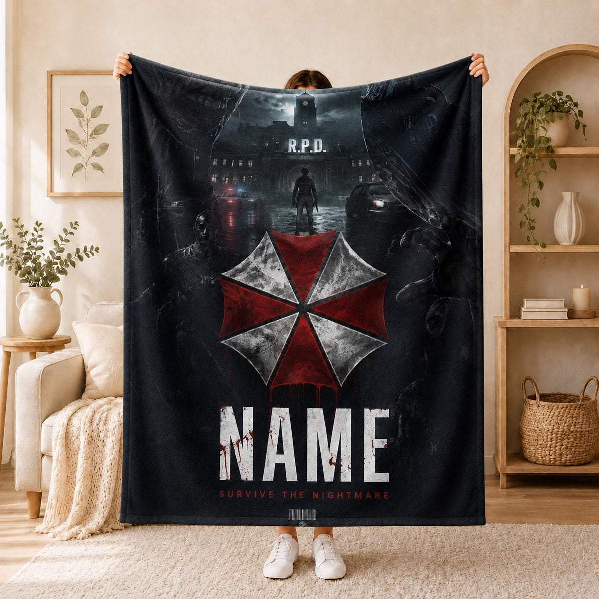 Horror Gamer Blanket Soft Throw, Umbrella Symbol Custom Printed Personalized Name Room Accent
