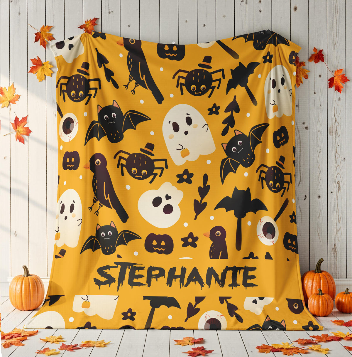 Personalized Halloween Blanket, Custom Name Blanket, Kids Spooky Blanket, Ghost Bat Pumpkin Blanket, Halloween Gift