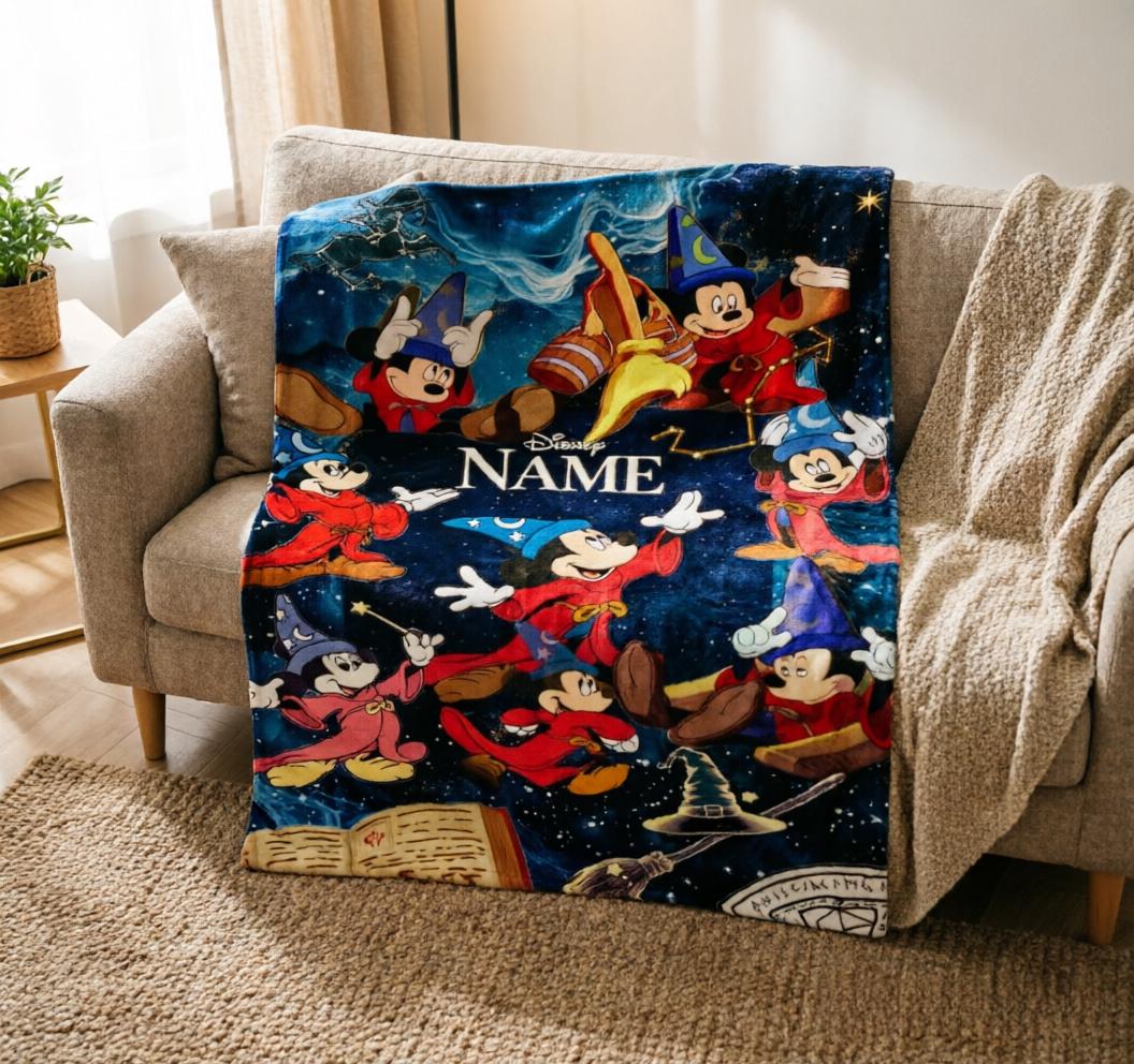 Personalized Sorcerer Mickey Blanket Soft Throw, Custom Name Fantasia Mickey Wizard Blanket, Birthday Gift For Kids
