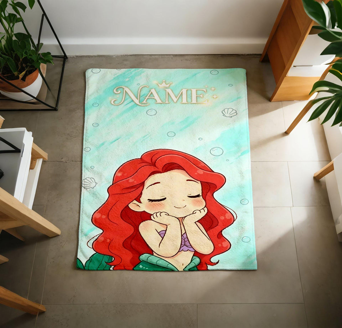Personalized Ariel Blanket Soft Throw, Custom Name Little Mermaid Blanket, Birthday Gift For Girls