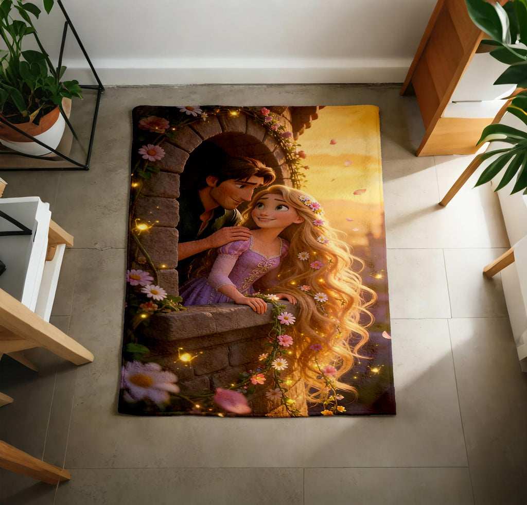 Tangled Rapunzel Flannel Throw Blanket, Romantic Balcony Scene, Soft Cozy Gift