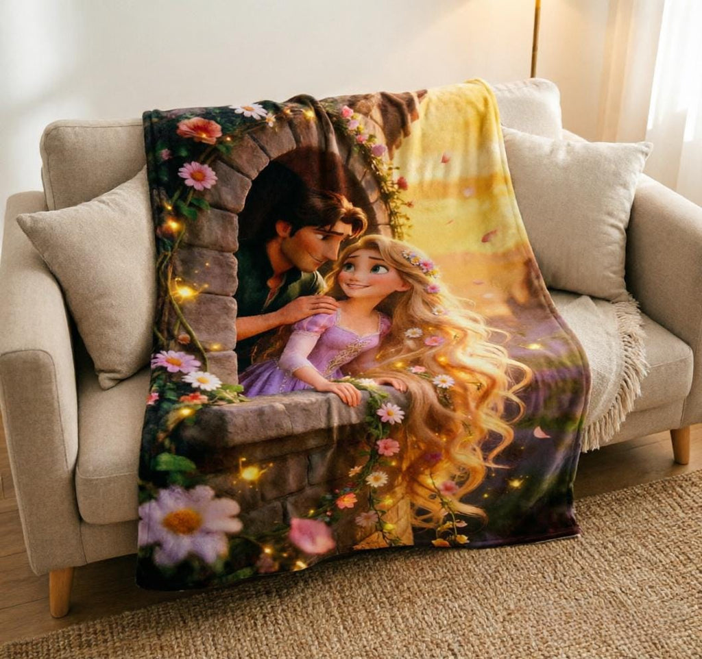 Tangled Rapunzel Flannel Throw Blanket, Romantic Balcony Scene, Soft Cozy Gift