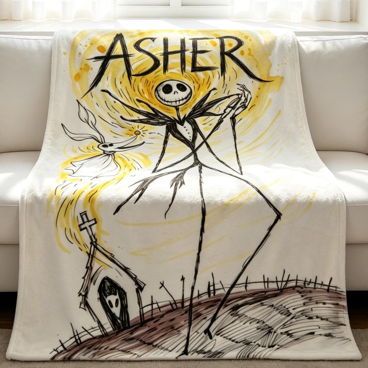 Personalized Jack Skellington Flannel Blanket Custom Name Spooky Throw Halloween Town Pumpkin King Fan Gift For Kids Goth Room Decor