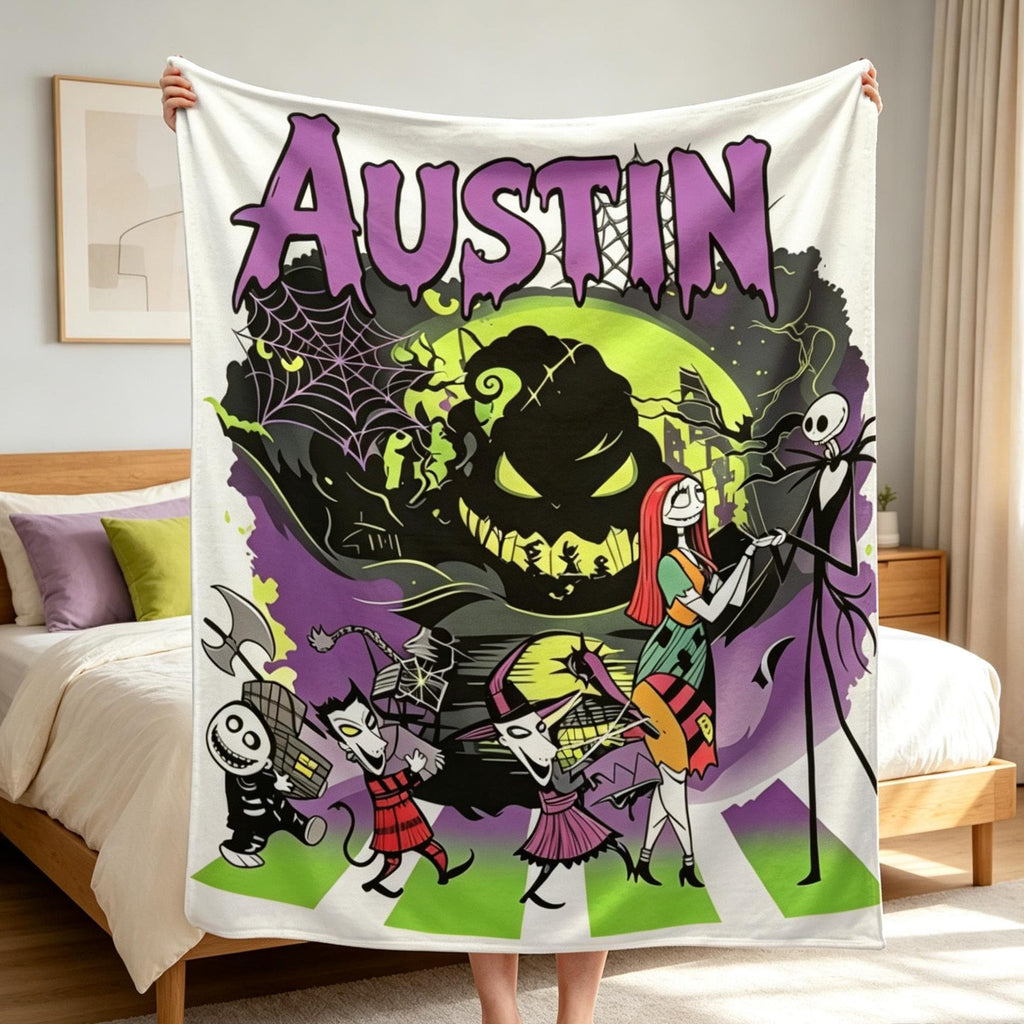 Personalized Jack and Sally Flannel Blanket, Custom Name Spooky Halloween Throw, Gothic Christmas Gift For Kids, Halloween Town Decor