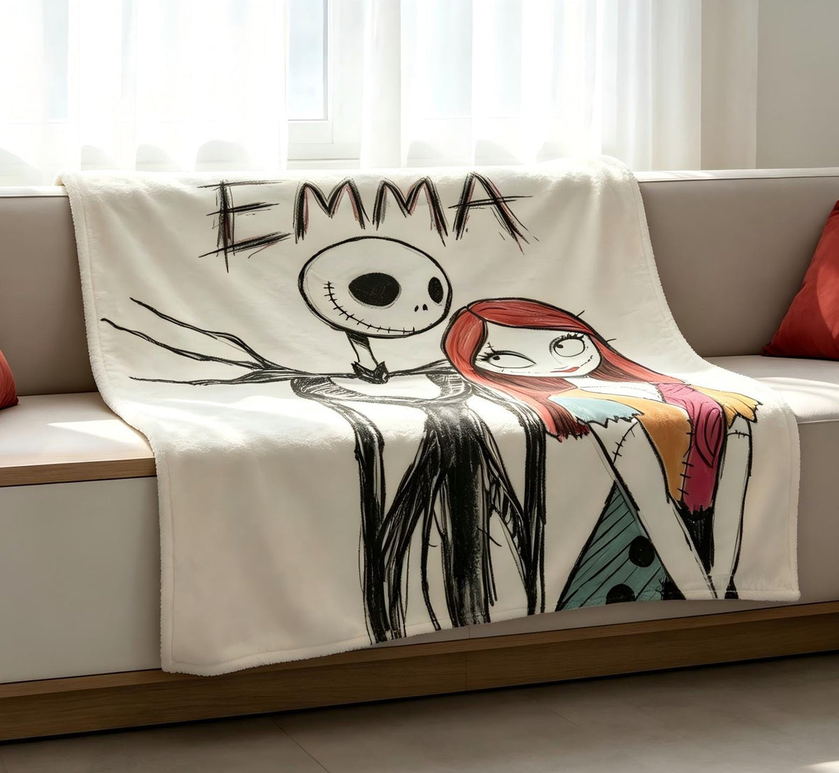 Custom Name Jack and Sally Flannel Blanket, Personalized Spooky Halloween Bed Throw, Gothic Couple Room Decor, Skeleton Lovers Gift