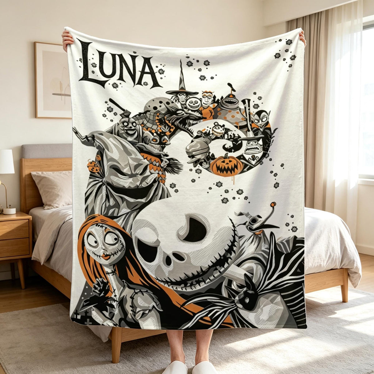 Personalized Halloween Town Blanket Custom Name Spooky Throw Jack Skellington Gift Gothic Decor Cozy Bedding Christmas Couple Present