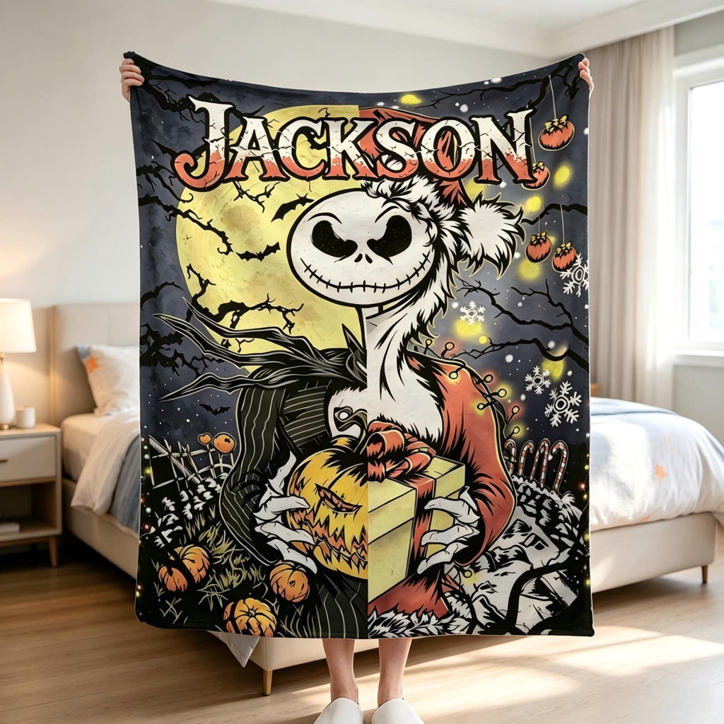 Personalized Pumpkin King Flannel Blanket, Custom Jack Skellington Name Throw, Halloween Christmas Room Decor, Spooky Movie Fan Gift