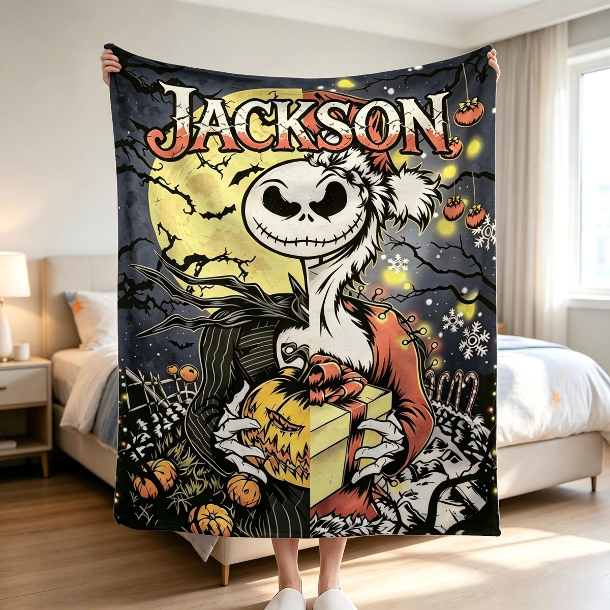 Personalized Pumpkin King Flannel Blanket, Custom Jack Skellington Name Throw, Halloween Christmas Room Decor, Spooky Movie Fan Gift