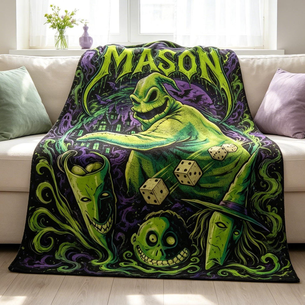 Personalized Oogie Boogie Flannel Blanket Custom Halloween Town Throw Spooky Christmas Gift for Movie Fan Gothic Room Decor Custom Name