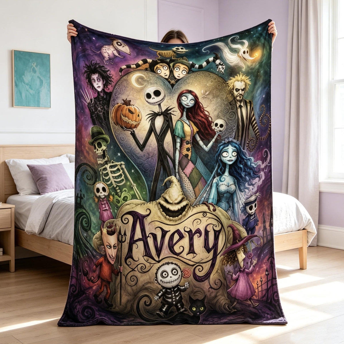 Personalized Skeleton Pumpkin Custom Name Flannel Throw Blanket Sally and Jack Halloween Christmas Gothic Fan Gift Cozy Home Bedding Decor