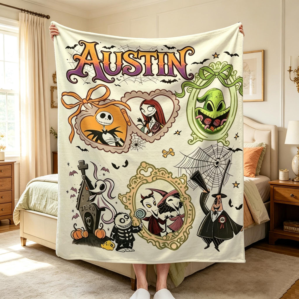 Personalized Flannel Blanket, Custom Name Throw, Spooky Halloween Town Decor, Jack and Sally Fan Gift, Goth Bedding Movie Lover Present