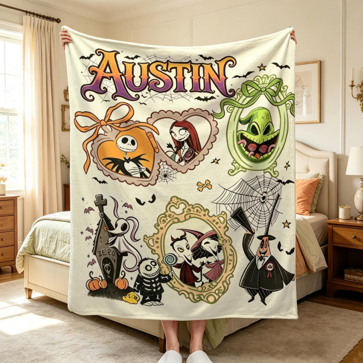 Personalized Flannel Blanket, Custom Name Throw, Spooky Halloween Town Decor, Jack and Sally Fan Gift, Goth Bedding Movie Lover Present