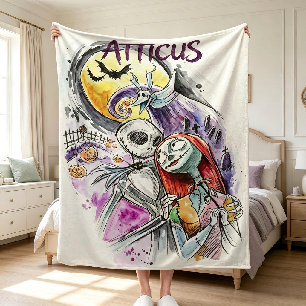 Personalized Jack and Sally Flannel Blanket, Custom Name Halloween Christmas Throw, Spooky Couple Gift, Gothic Room Decor, Watercolor Art