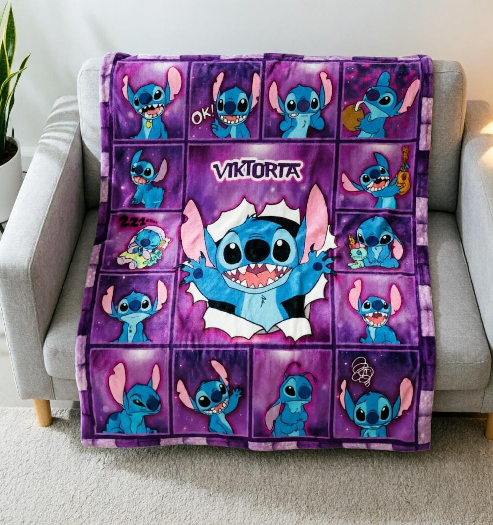 Stitch Comic Blanket Soft Throw, Custom Name Kids Throw