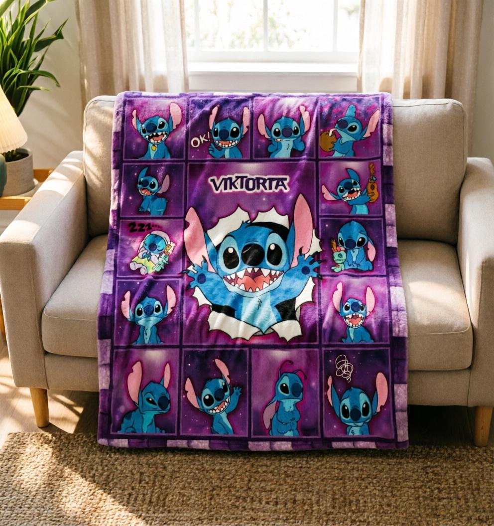 Stitch Comic Blanket Soft Throw, Custom Name Kids Throw
