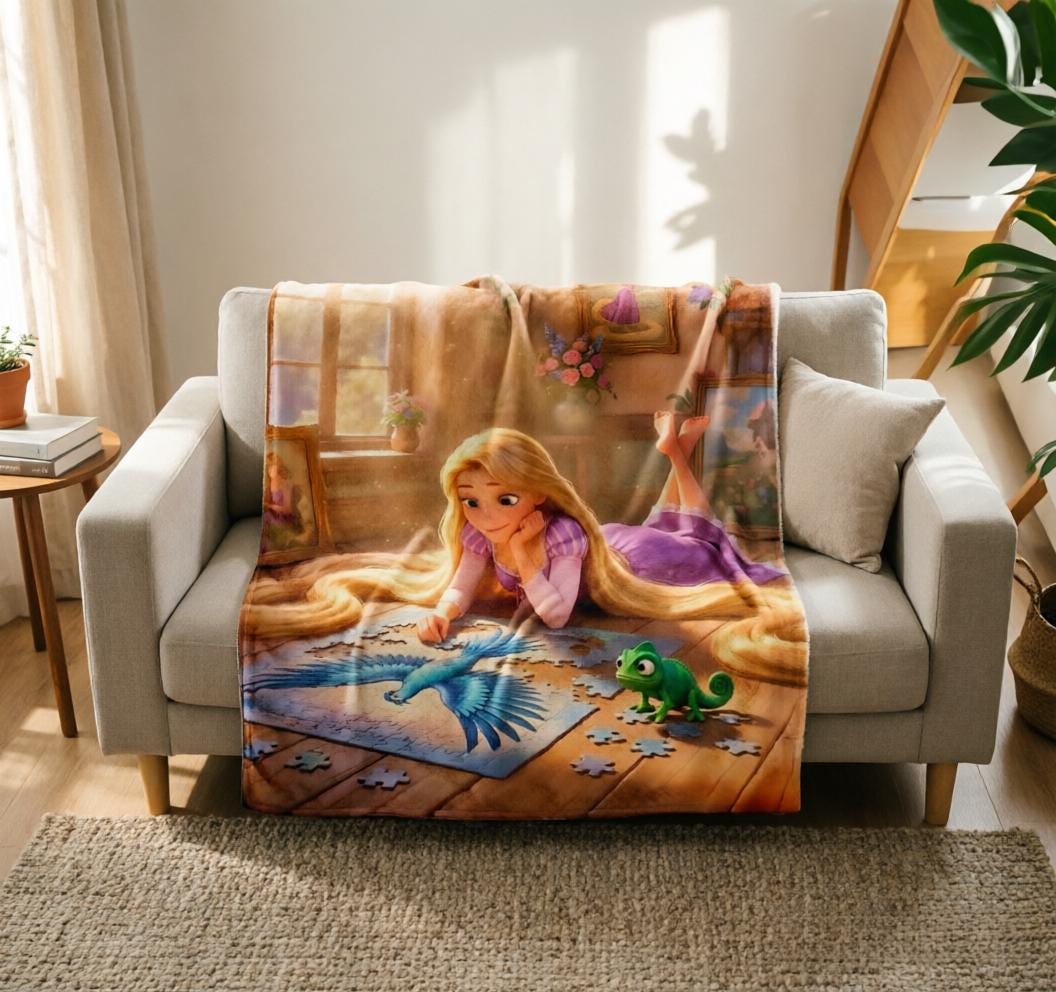 Tangled Rapunzel Flannel Throw Blanket, Romantic Balcony Scene, Cozy Gift for Girls