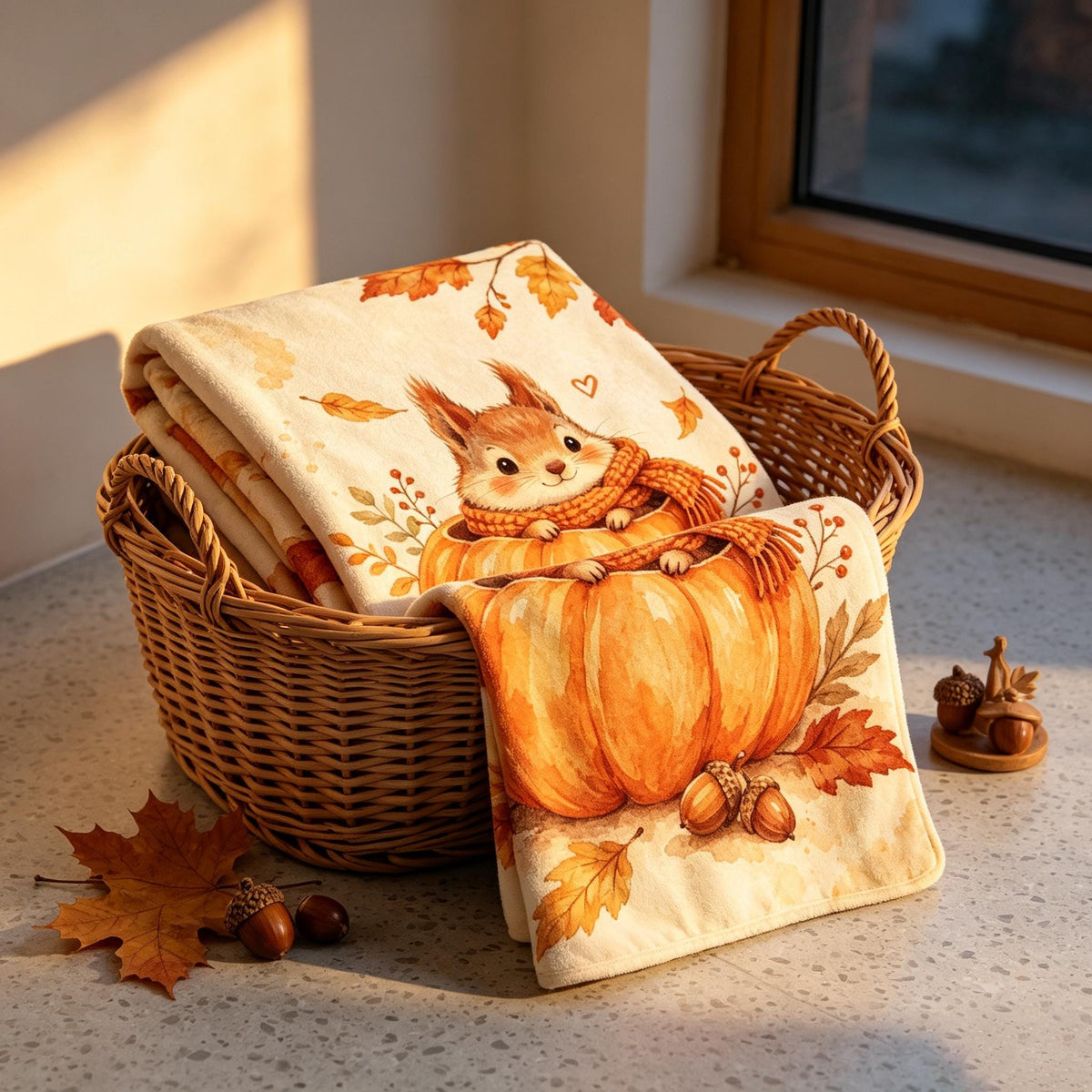 Watercolor Fall Throw Blanket, Cozy Squirrel Pumpkin Autumn Decor, Soft Flannel Bedding, Housewarming Gift for Nature Lover