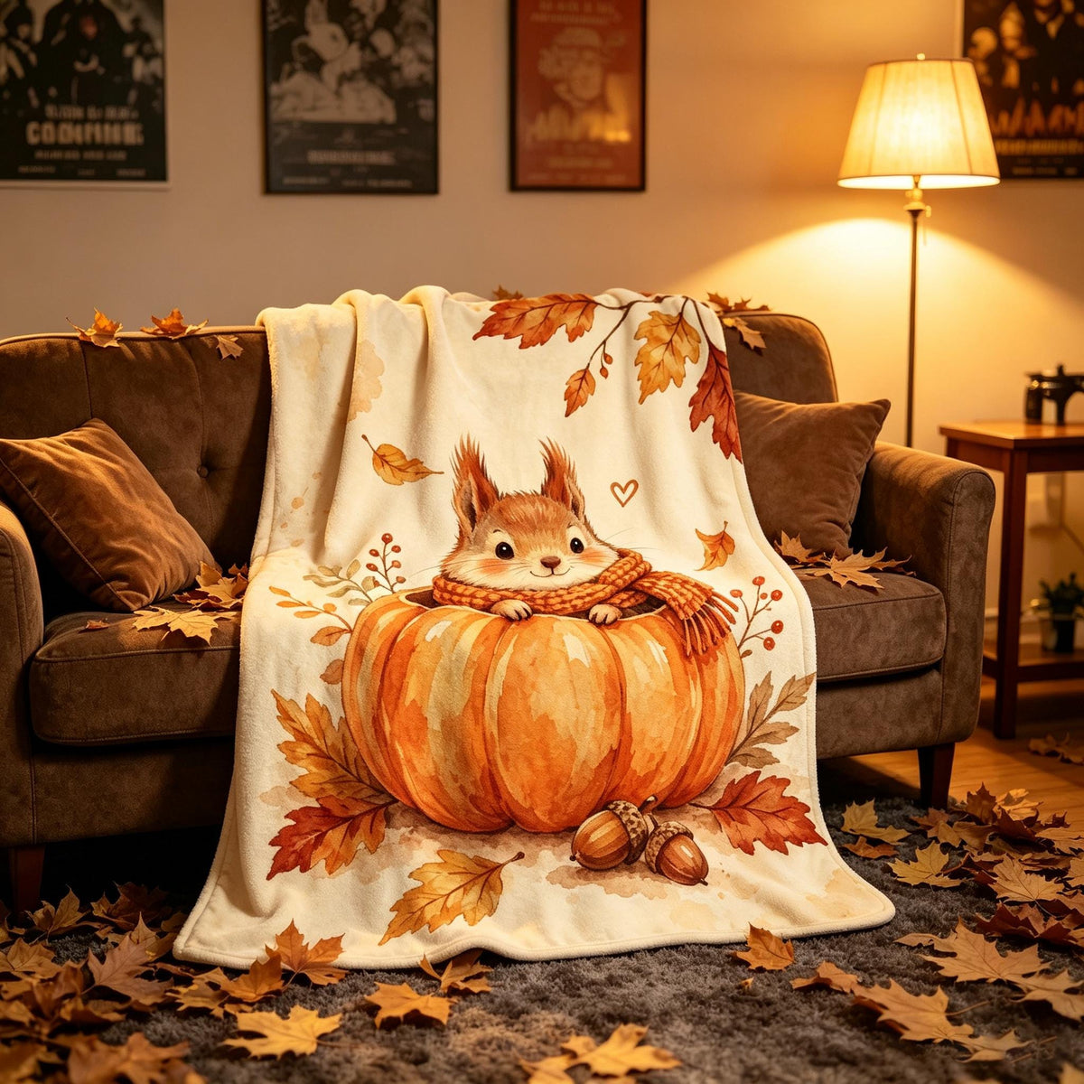 Watercolor Fall Throw Blanket, Cozy Squirrel Pumpkin Autumn Decor, Soft Flannel Bedding, Housewarming Gift for Nature Lover