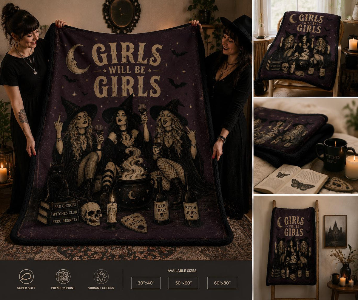 Girls Will Be Girls Witch Blanket, Funny Halloween Blanket, Vintage Witchy Throw, Gothic Halloween Decor, Witch Gift for Her