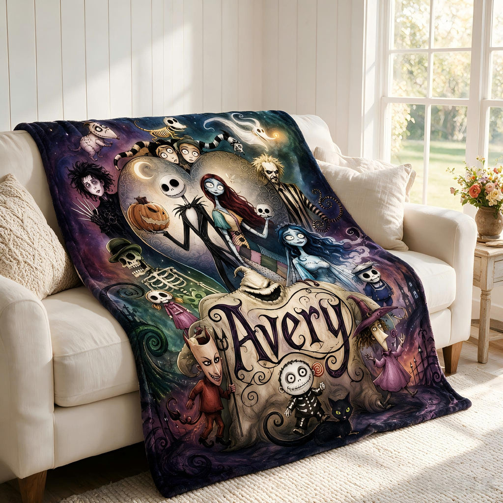 Personalized Skeleton Pumpkin Custom Name Flannel Throw Blanket Sally and Jack Halloween Christmas Gothic Fan Gift Cozy Home Bedding Decor