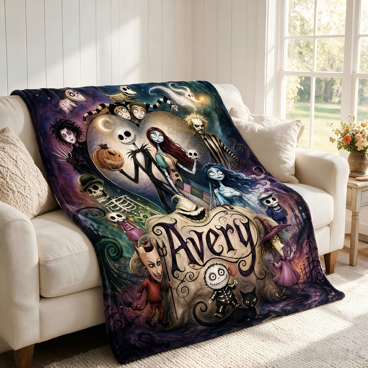 Personalized Skeleton Pumpkin Custom Name Flannel Throw Blanket Sally and Jack Halloween Christmas Gothic Fan Gift Cozy Home Bedding Decor