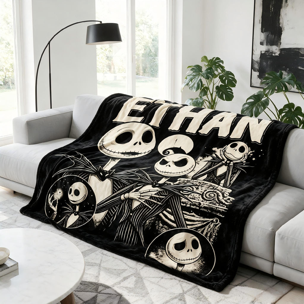Personalized Jack and Sally Flannel Blanket, Custom Name Spooky Gothic Throw, Halloween Town Fan Gift, Dark Christmas Cozy Home Decor