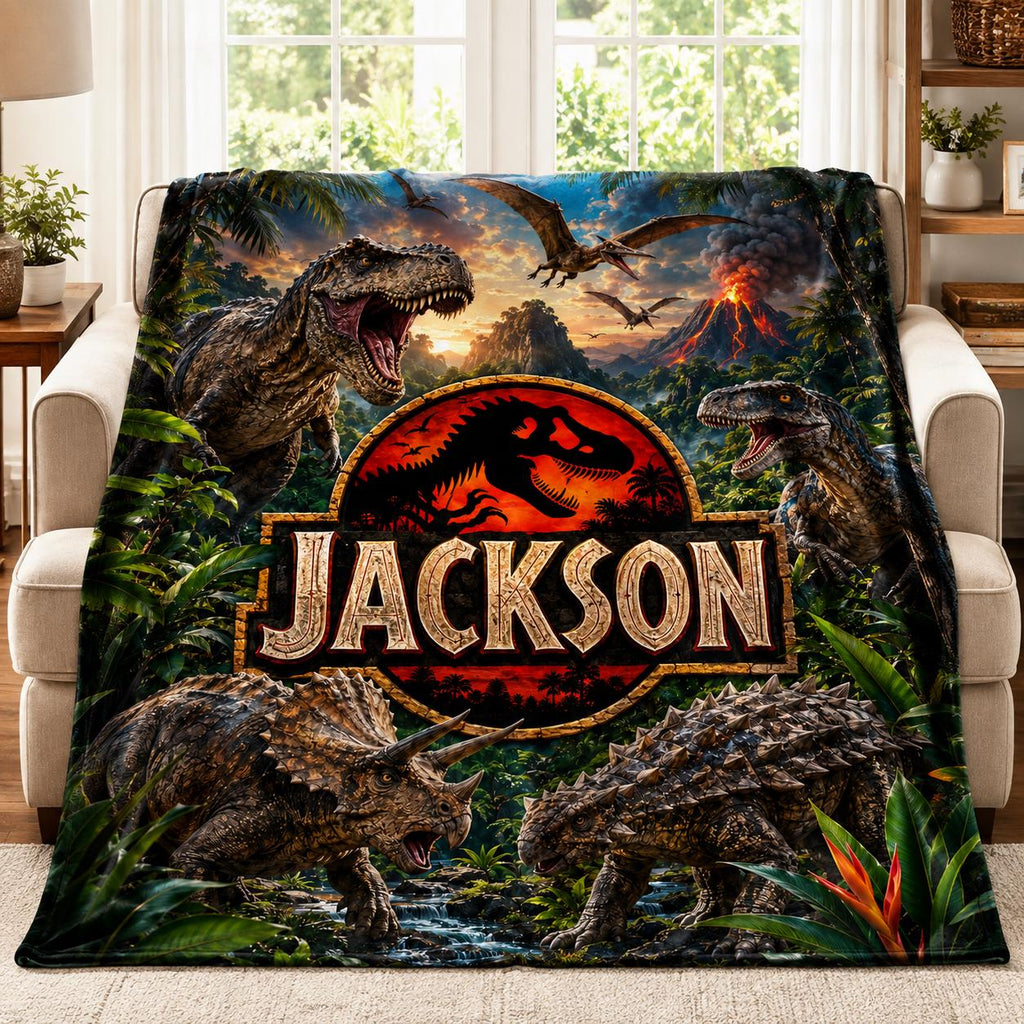 Personalized Jurassic T-Rex Dinosaur Flannel Blanket – Custom Name Throw