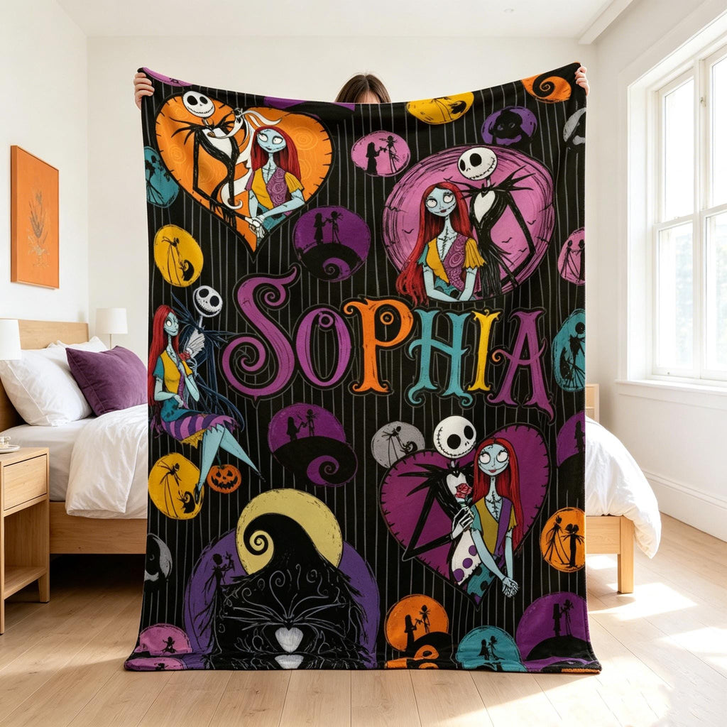 Personalized Jack and Sally Blanket, Custom Name Nightmare Before Christmas Throw, Gothic Halloween Gift for Fans, Soft Flannel Bedding