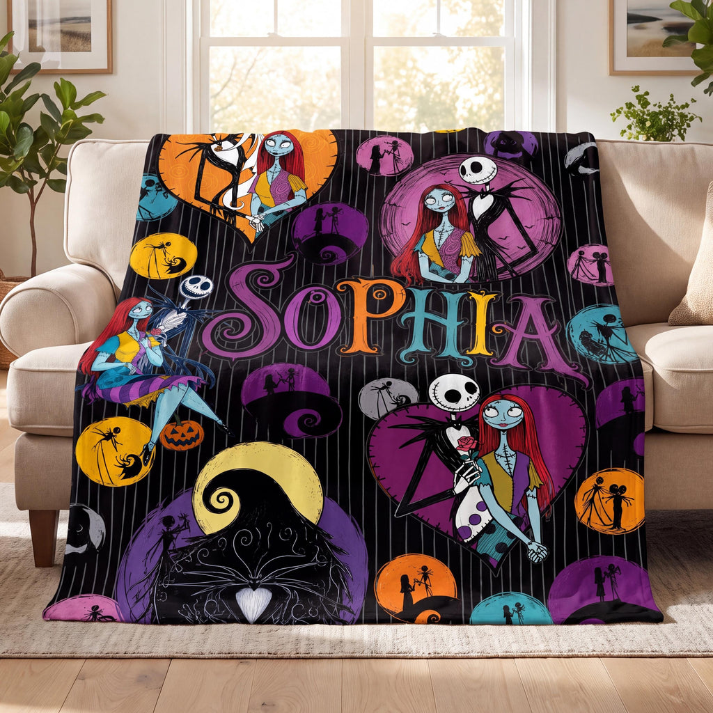 Personalized Jack and Sally Blanket, Custom Name Nightmare Before Christmas Throw, Gothic Halloween Gift for Fans, Soft Flannel Bedding