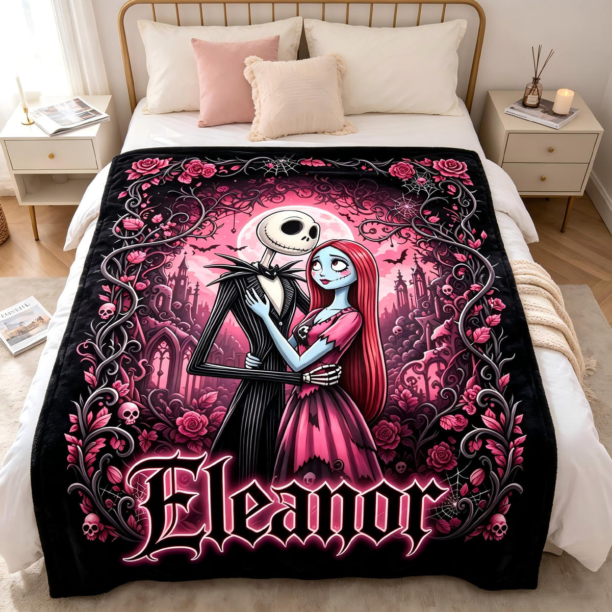 Personalized Skeleton Couple Blanket, Gothic Romance Custom Name Throw, Pastel Goth Room Decor, Spooky Anniversary Gift for Her