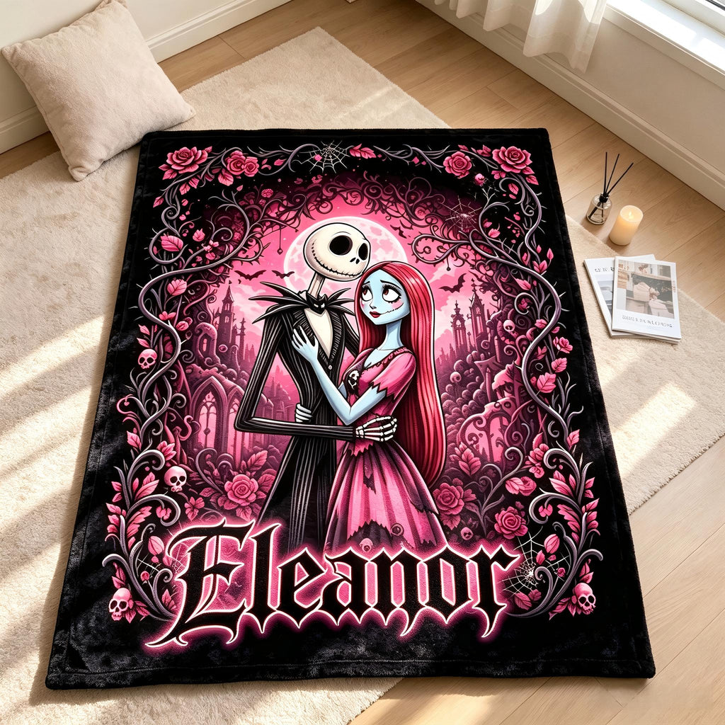 Personalized Skeleton Couple Blanket, Gothic Romance Custom Name Throw, Pastel Goth Room Decor, Spooky Anniversary Gift for Her