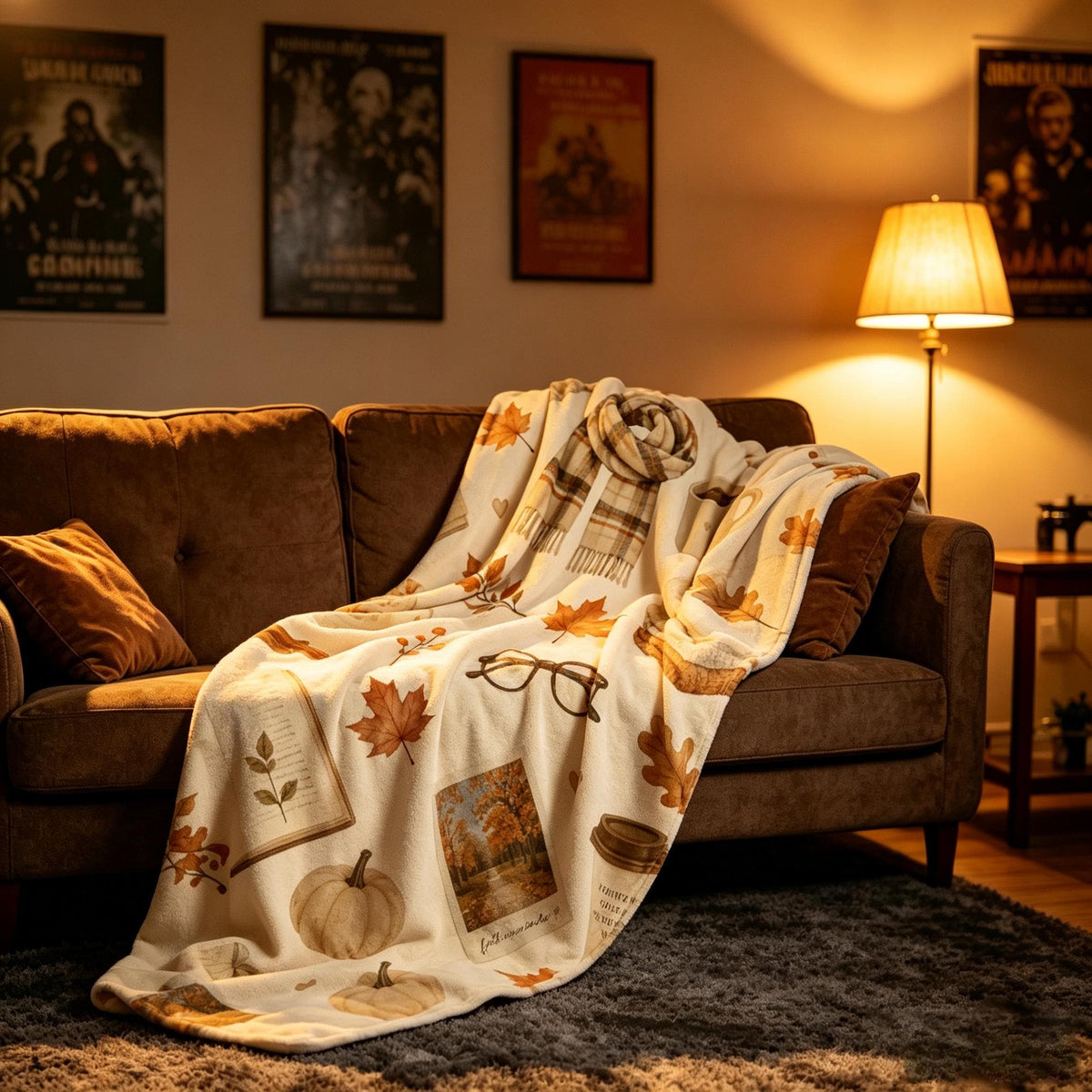 Cozy Home Lover Autumn Blanket, Fall Hygge Throw, Coffee Books Leaves Flannel, Warm Seasonal Decor, Perfect Gift for Women Relaxing