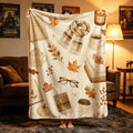 Cozy Home Lover Autumn Blanket, Fall Hygge Throw, Coffee Books Leaves Flannel, Warm Seasonal Decor, Perfect Gift for Women Relaxing
