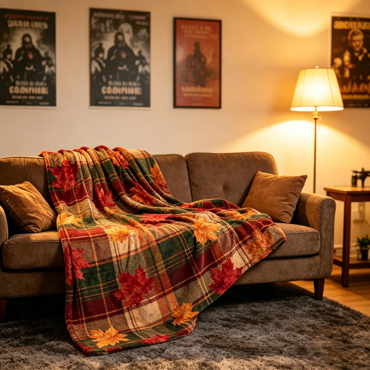 Rustic Home Lover Autumn Plaid Blanket, Vintage Tartan Fall Leaf Throw, Cozy Farmhouse Flannel, Warm Country Decor, Gift for Home
