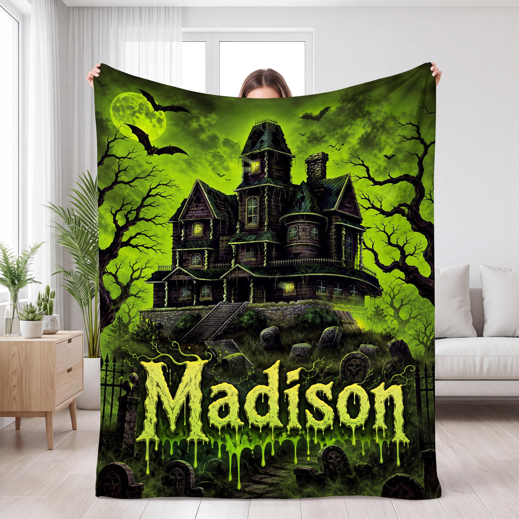 Personalized Haunted House Blanket Custom Name Spooky Throw Horror Fan Gift 90s Nostalgia Halloween Decor Creepy Slime Font Blanket