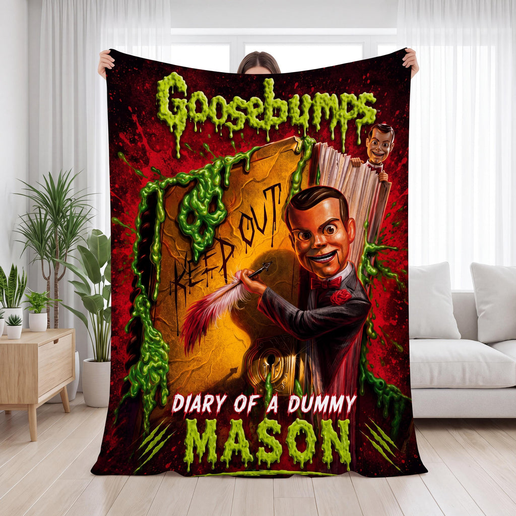 Personalized Spooky Dummy Throw Blanket Custom Name 90s Horror Nostalgic Book Fan Gift Scary Ventriloquist Halloween Bedding Accent