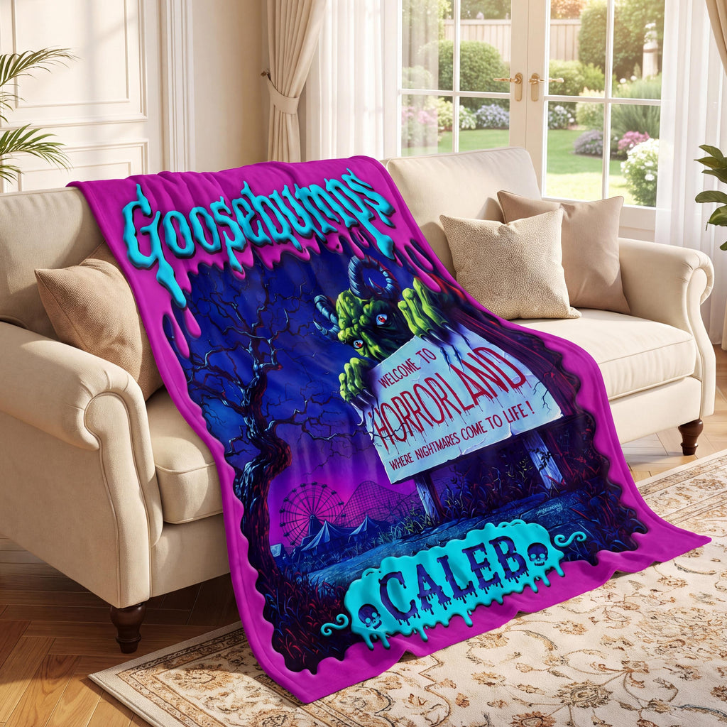 Custom Name Horror Blanket, Personalized 90s Nostalgia Spooky Throw, Halloween Monster Bedding Gift for Kids, Horrorland Room Decor