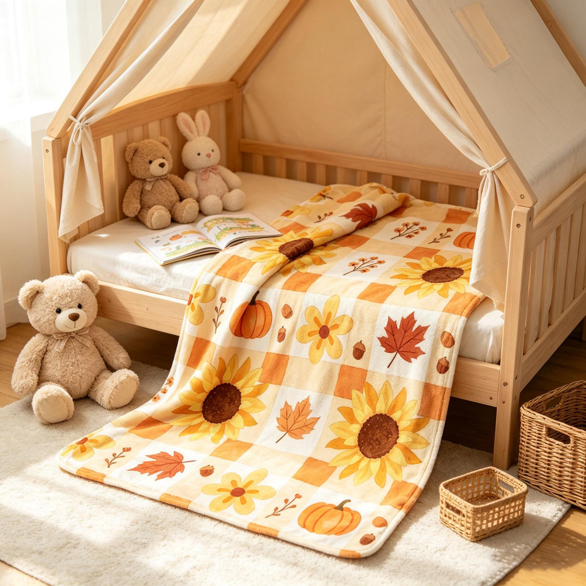 Cottagecore Pumpkin Throw, Sunflower Gingham Flannel, Fall Maple Leaf Blanket, Warm Housewarming Gift, Cozy Home Decor