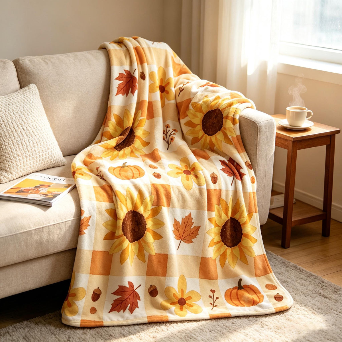 Cottagecore Pumpkin Throw, Sunflower Gingham Flannel, Fall Maple Leaf Blanket, Warm Housewarming Gift, Cozy Home Decor