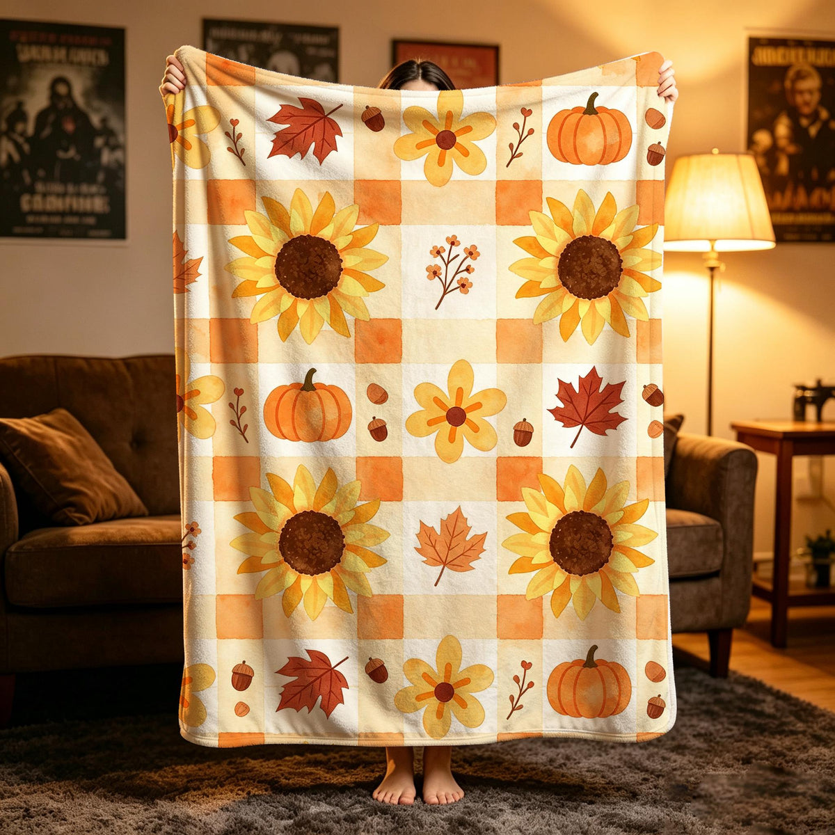 Cottagecore Pumpkin Throw, Sunflower Gingham Flannel, Fall Maple Leaf Blanket, Warm Housewarming Gift, Cozy Home Decor
