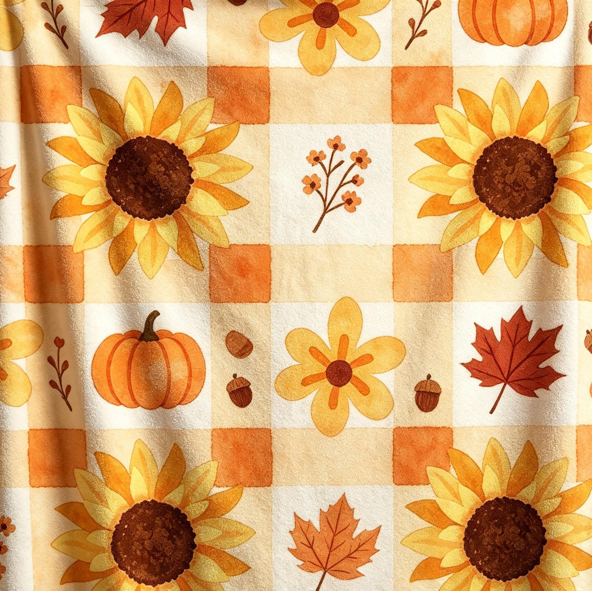 Cottagecore Pumpkin Throw, Sunflower Gingham Flannel, Fall Maple Leaf Blanket, Warm Housewarming Gift, Cozy Home Decor