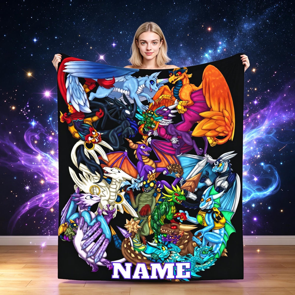 Personalized Dragon Adventure Blanket, Custom Name Flannel Throw, Fantasy Gamer Kids Blanket, Colorful Dragon Bedroom Gift