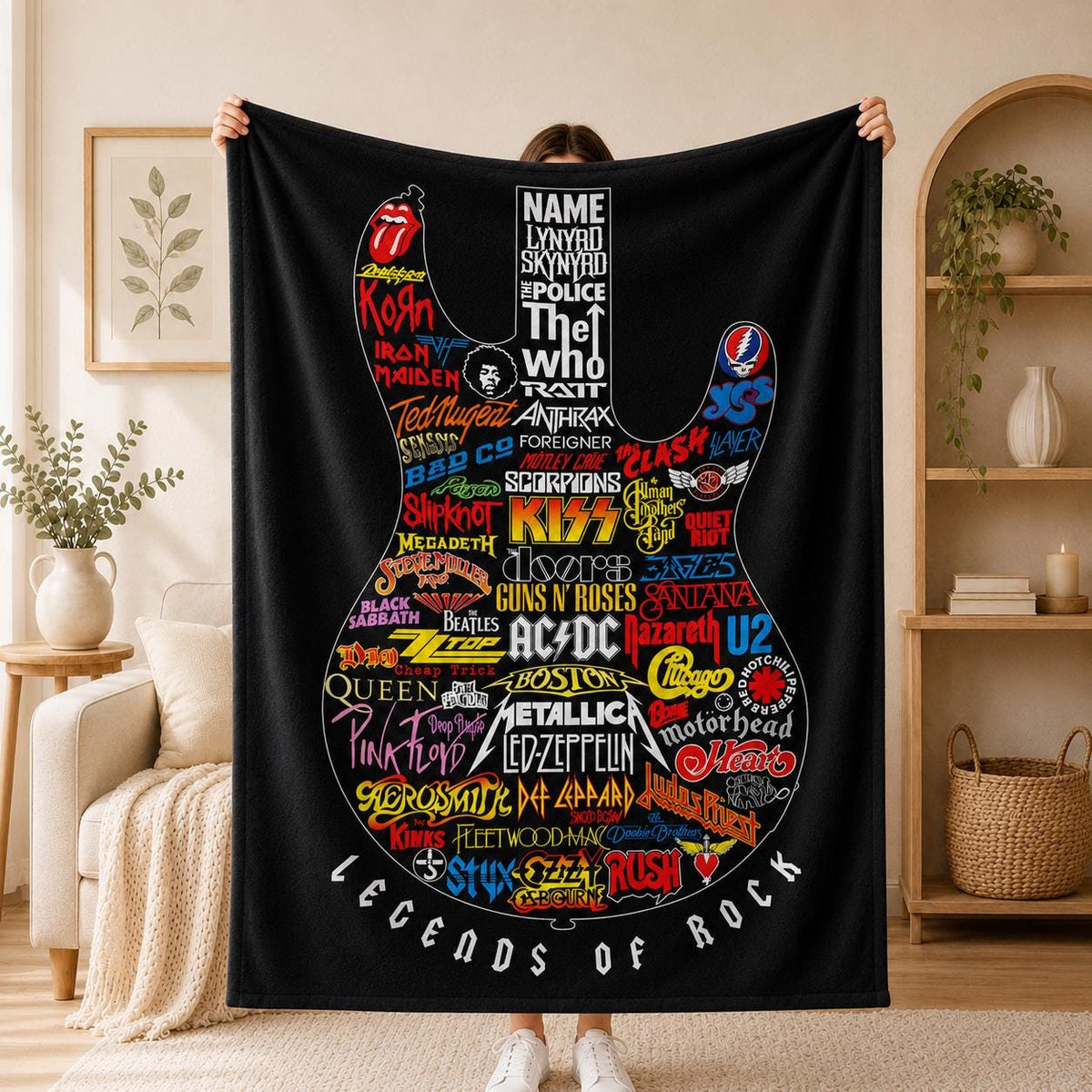 Rock Fan Blanket Soft Throw, Vintage Band Logo Collage Custom Name Room Accent