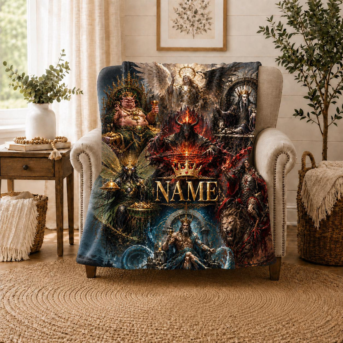 Dark Fantasy Gothic Seven Deadly Sins Blanket, Custom Name Flannel Throw
