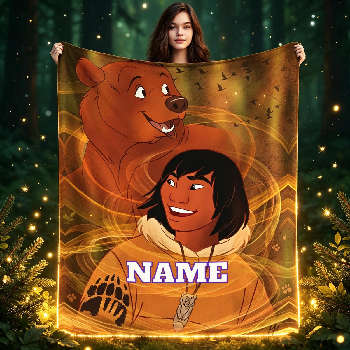 Personalized Bear Adventure Blanket, Custom Name Forest Animal Fleece Throw, Cozy Flannel Blanket, Kids Bedroom Decor Gift