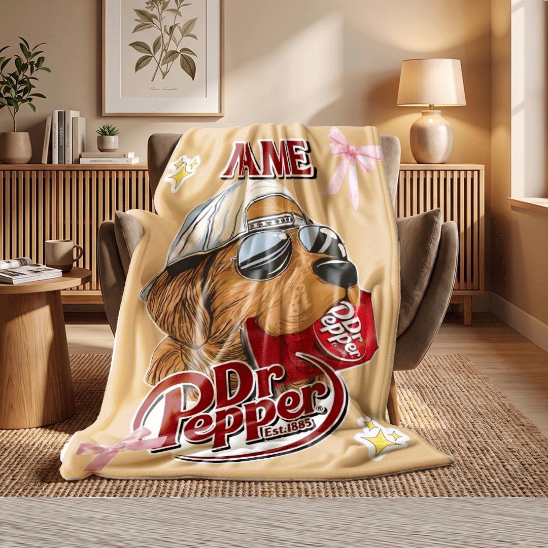 Dr Pepper Blanket Custom Name Cool Dog Aviator Sunglasses Red Soda Throw Pink Bow Bedding Retro Beverage Gift Aesthetic Room Decor