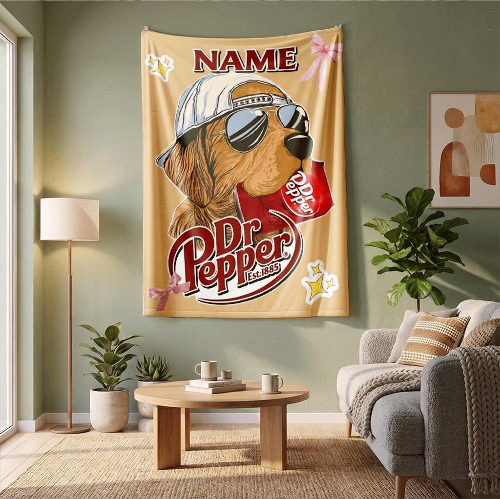 Dr Pepper Blanket Custom Name Cool Dog Aviator Sunglasses Red Soda Throw Pink Bow Bedding Retro Beverage Gift Aesthetic Room Decor