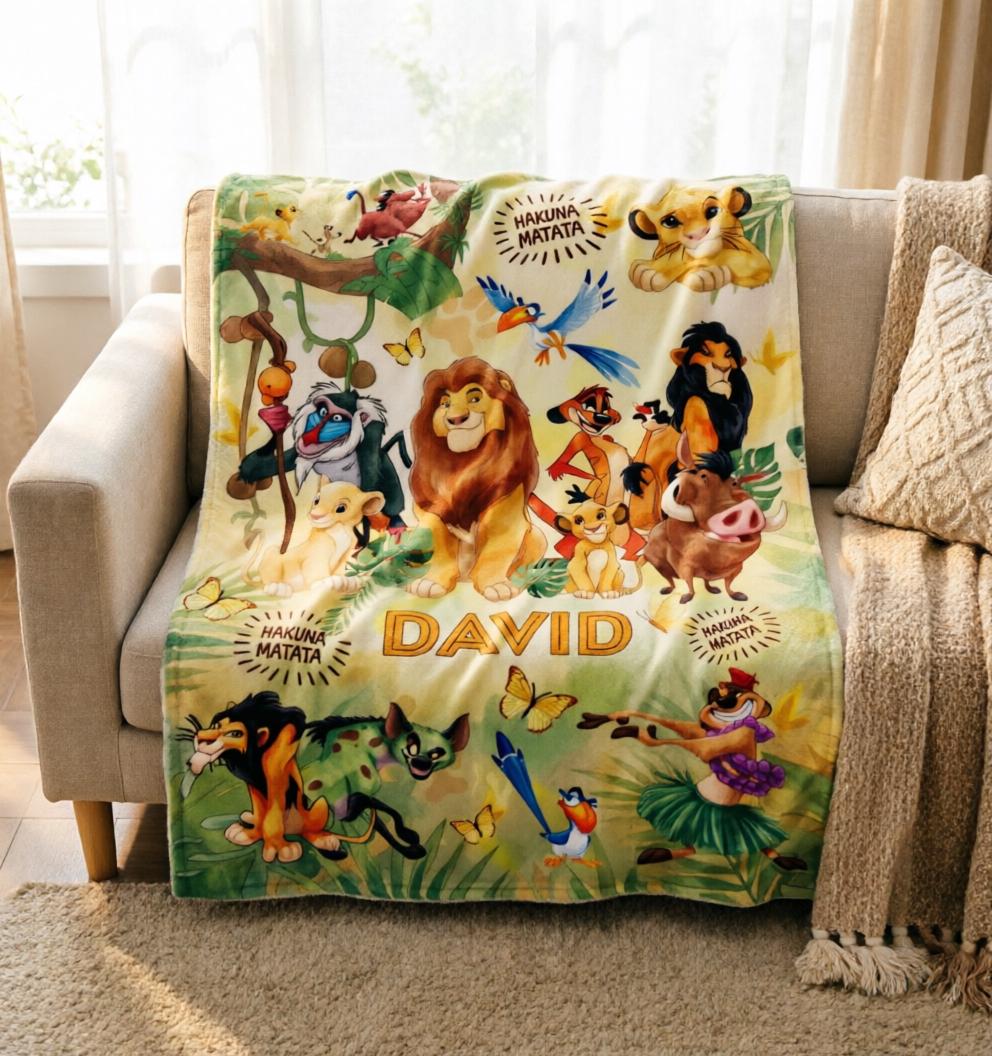 Custom Name Lion King Blanket Soft Throw, Safari Jungle Character Kids Bed Throw